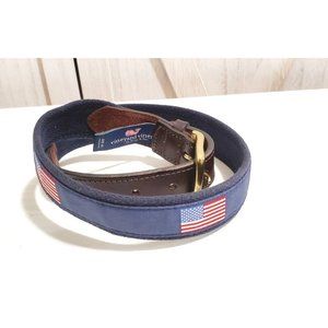 Vineyard Vines American Flags Canvas Club Belt Size 30 Navy + Brown Leather